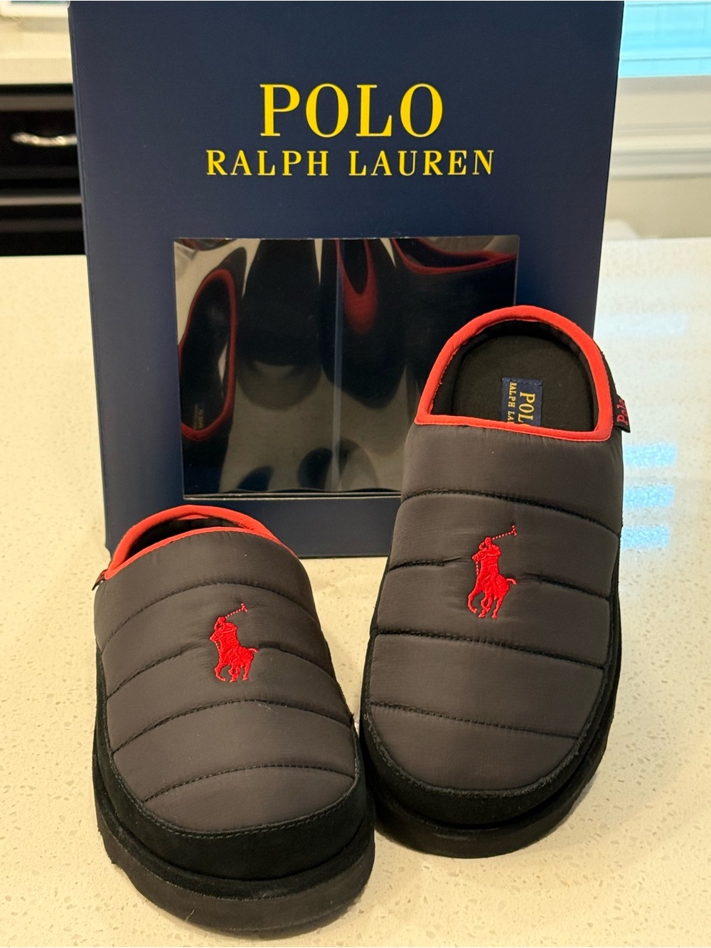 Polo by Ralph Lauren Gray Quilted Slip-On Slippers with Red Polo Logo